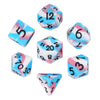 A set of silicone polyhedral dice showing various numbers and pink and blue marbled patterns.