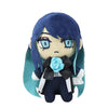 A plush doll of Ado Hibana with dark blue hair and light blue eyes wearing a dark outfit and a blue rose accessory.