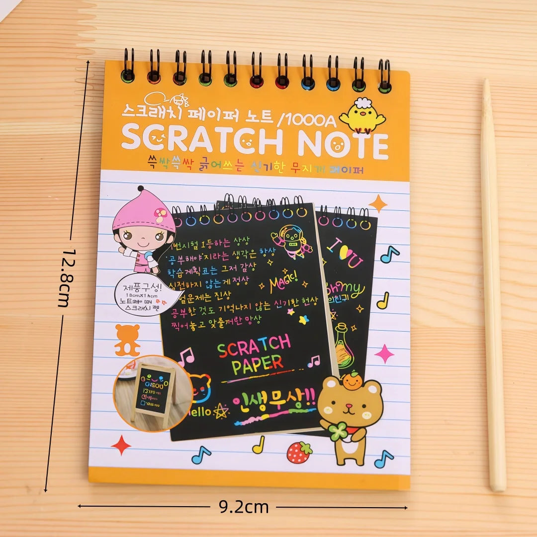 A yellow notebook titled Scratch Note featuring various scratch paper designs and a pencil.