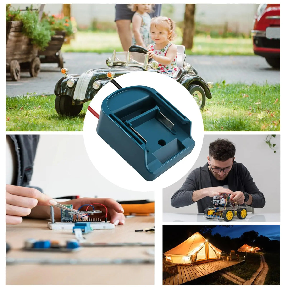 A blue Makita battery adapter with a switch and fuse is shown in various DIY project contexts.