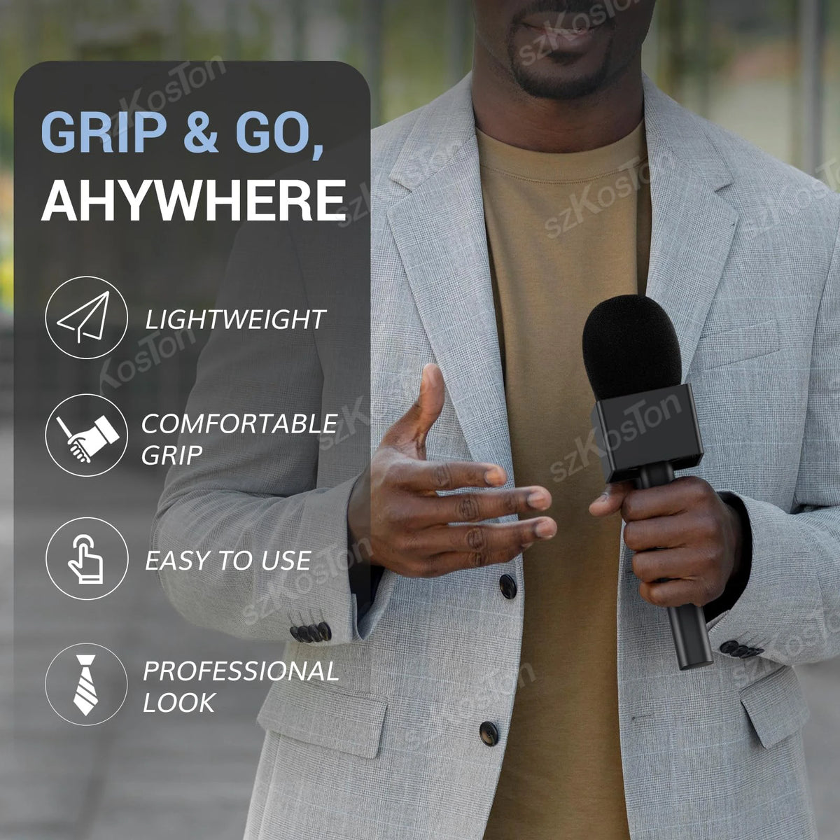 A man holds a black handheld microphone, demonstrating a grip and go product.
