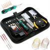 A black tool kit for guitar repair featuring various tools including screwdrivers, pliers, and specialized instruments.