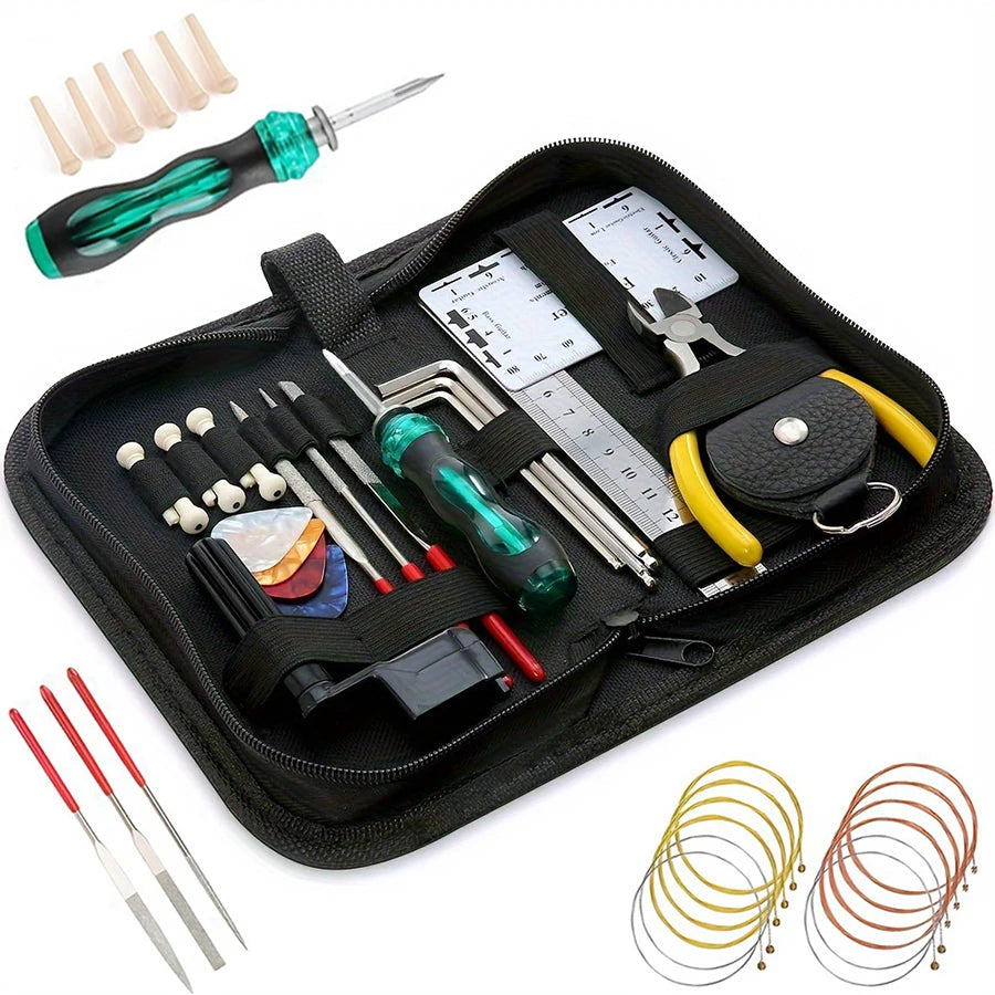 A black tool kit for guitar repair featuring various tools including screwdrivers, pliers, and specialized instruments.