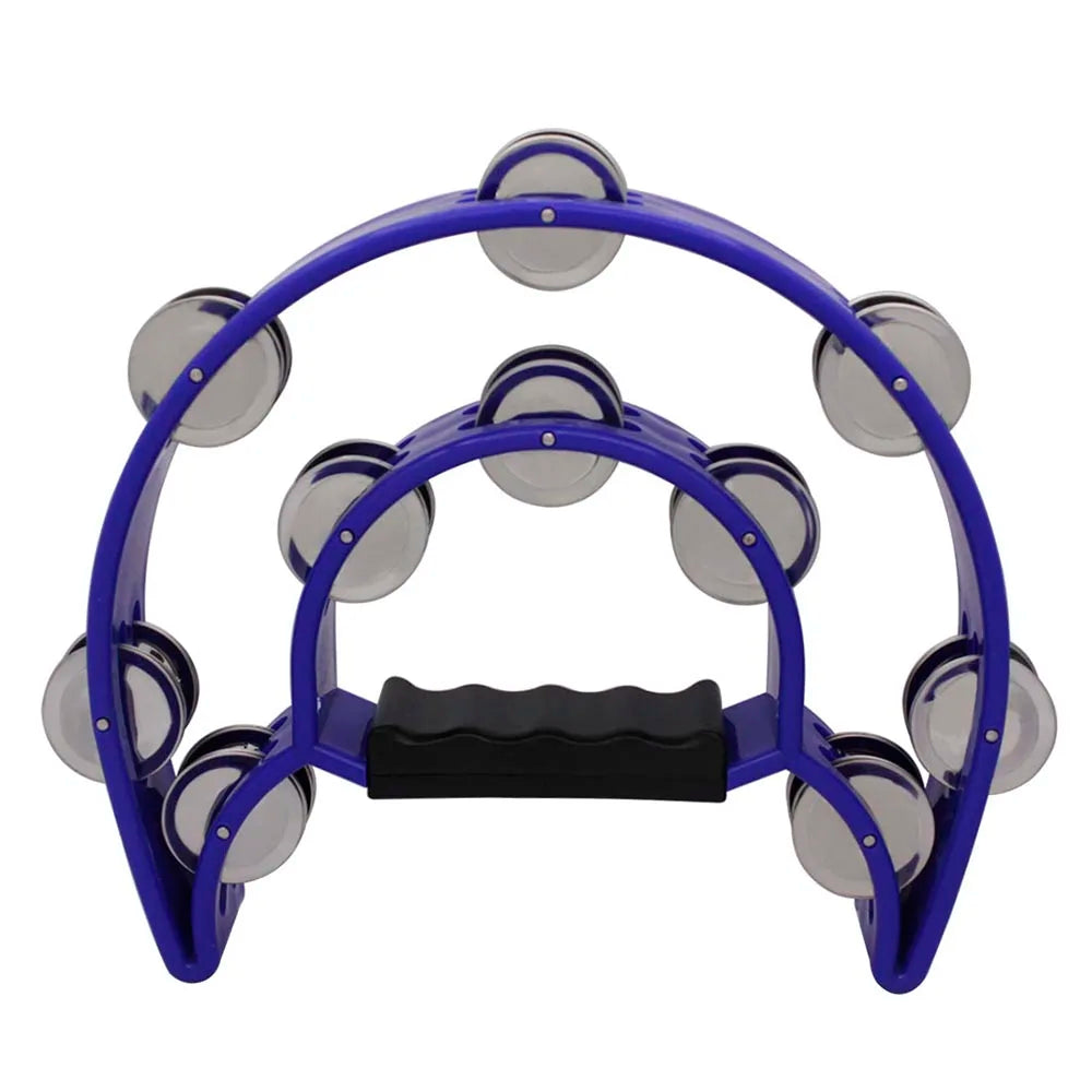 A purple double-layer tambourine with metal bells for kids, shown from above.