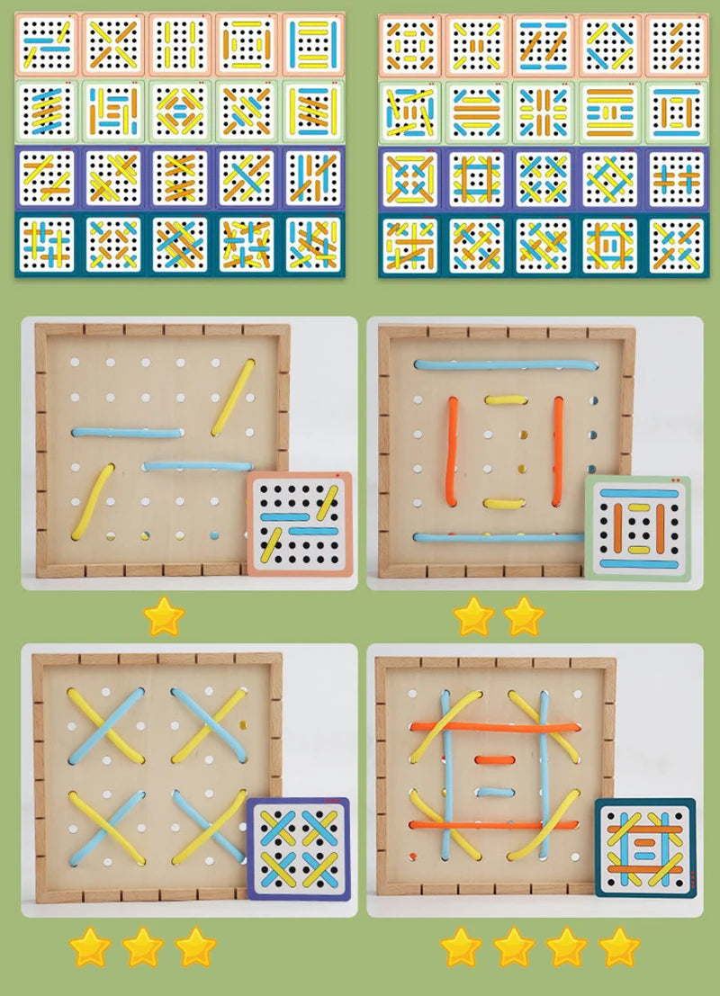 Wooden Montessori lacing boards with colorful ropes and practice materials for children