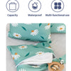 A teal fabric bag set featuring a daisy pattern, shown with an open compartment and wooden accessories.