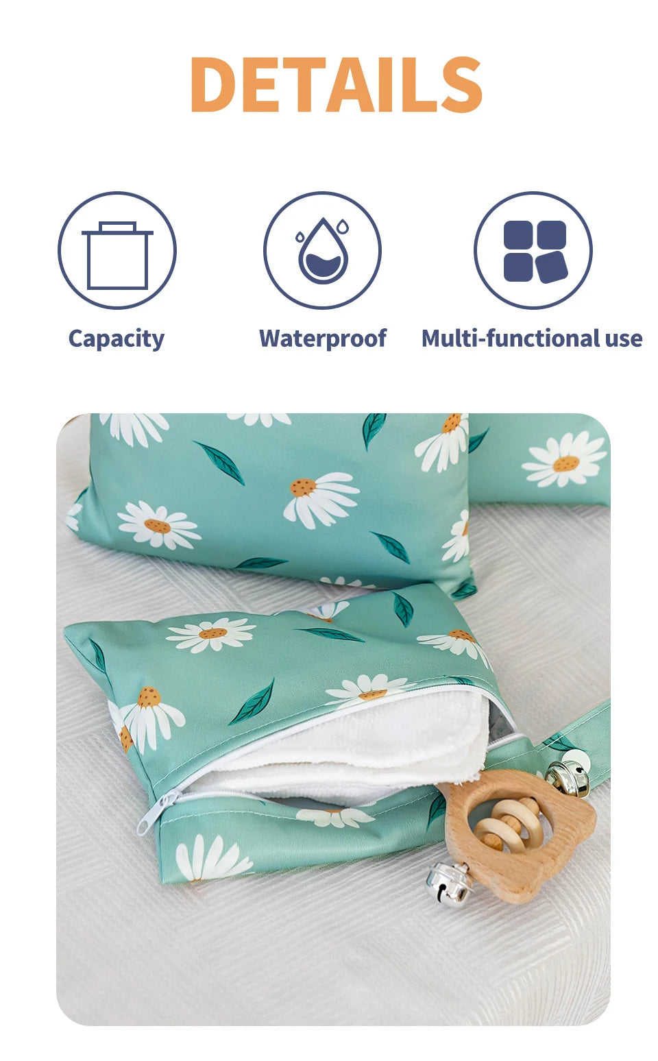 A teal fabric bag set featuring a daisy pattern, shown with an open compartment and wooden accessories.