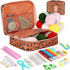 A collection of crochet and knitting tools including hooks needles and various colored yarn and accessories.