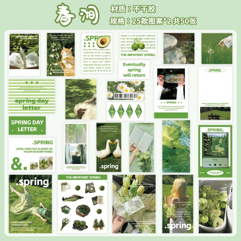 A variety pack of 50 nature and seasonal scenery stickers featuring spring themes like flowers, leaves, and greenery.