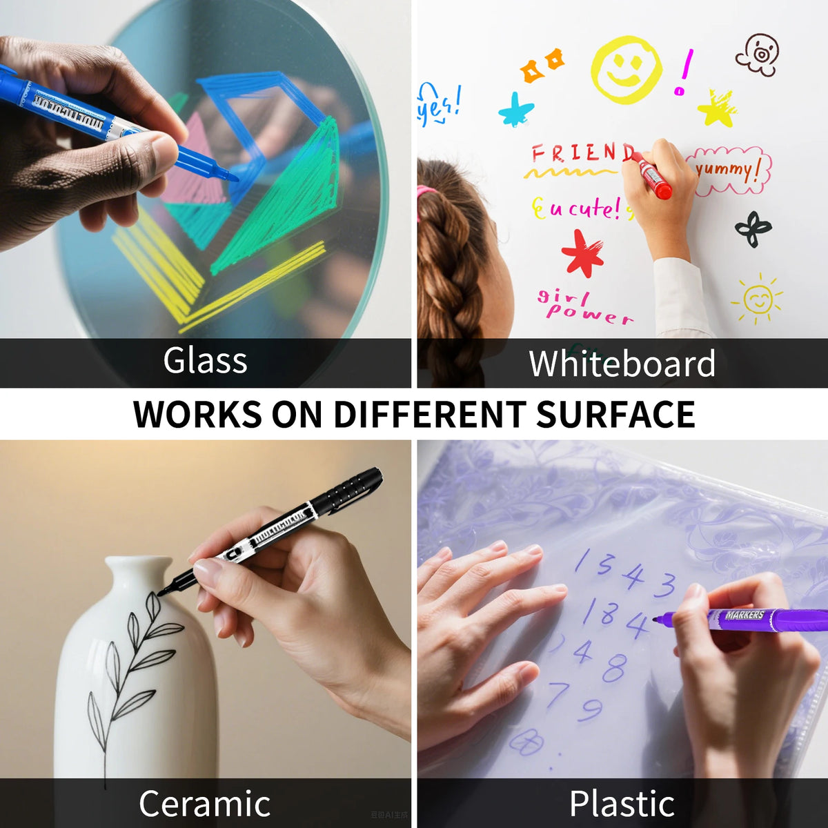 Image showing 8-color dry erase markers working on glass, whiteboard, ceramic, and plastic surfaces.