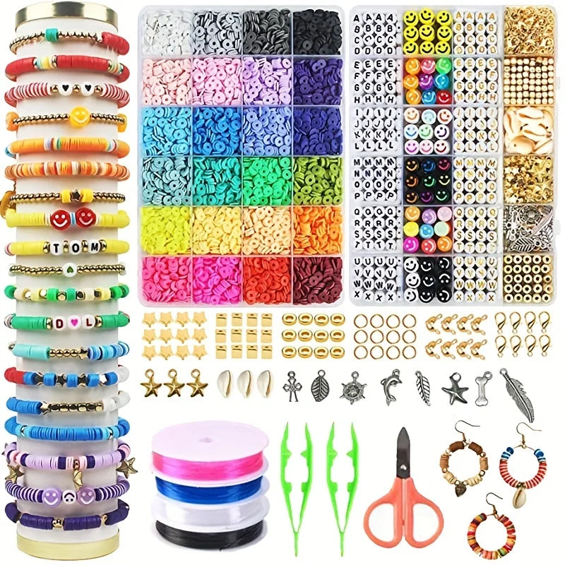 A large assortment of colorful polymer clay beads and findings for DIY jewelry making