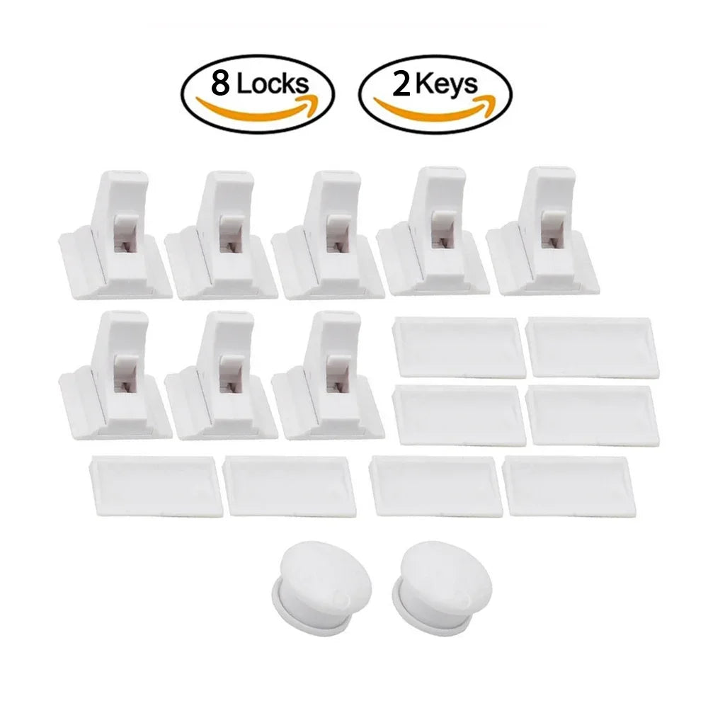 Set of magnetic child safety locks and keys for cabinets and drawers