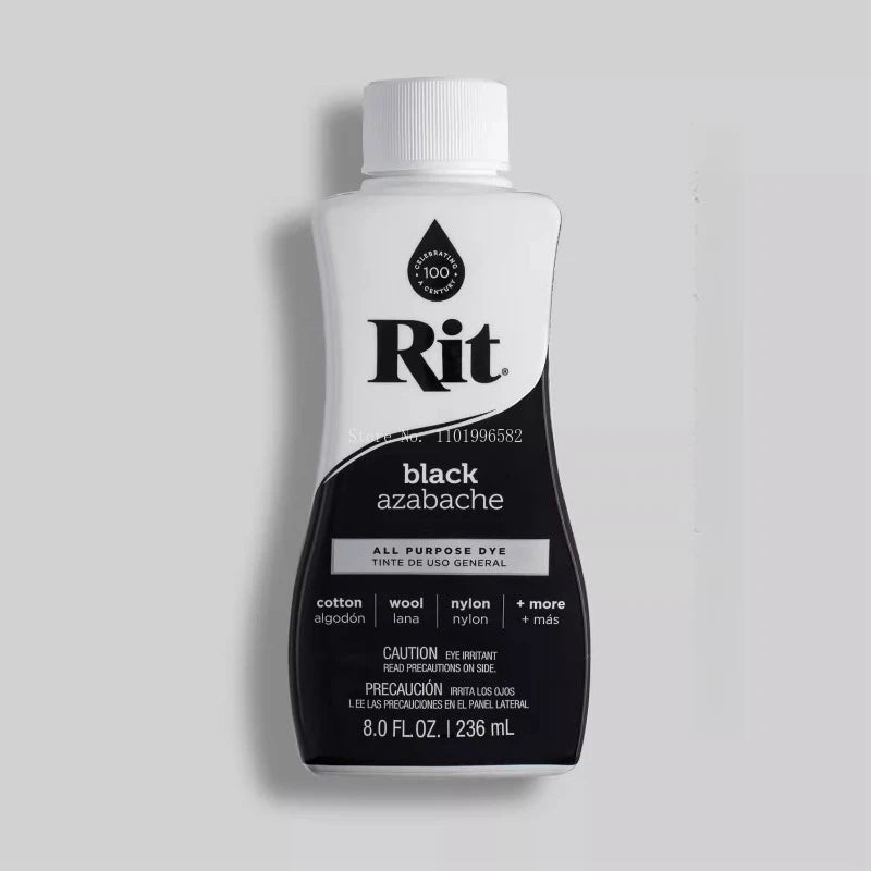 Bottle of Rit black azabache liquid fabric dye with a white cap