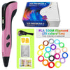 A pink 3D printing pen with a Type-C rechargeable battery and PLA filament box showing various colored filaments.