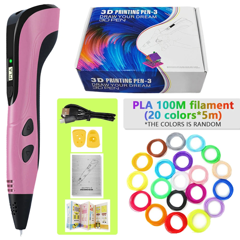 A pink 3D printing pen with a Type-C rechargeable battery and PLA filament box showing various colored filaments.