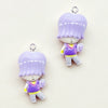 A pair of purple cartoon resin pendant charms featuring short hair and clothing for DIY jewelry making.