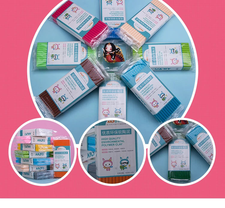 A collection of eco-friendly polymer clay kits and modeling clay in various colors and packaging.