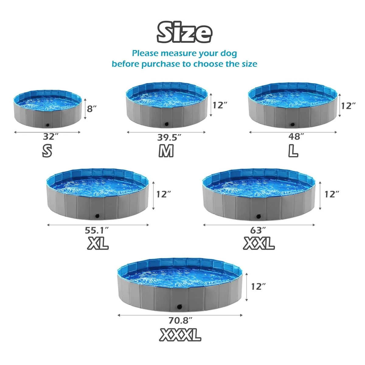A set of foldable pet bath tubs in various sizes labeled S, M, L, XL, and XXL, showing the dimensions of each model.