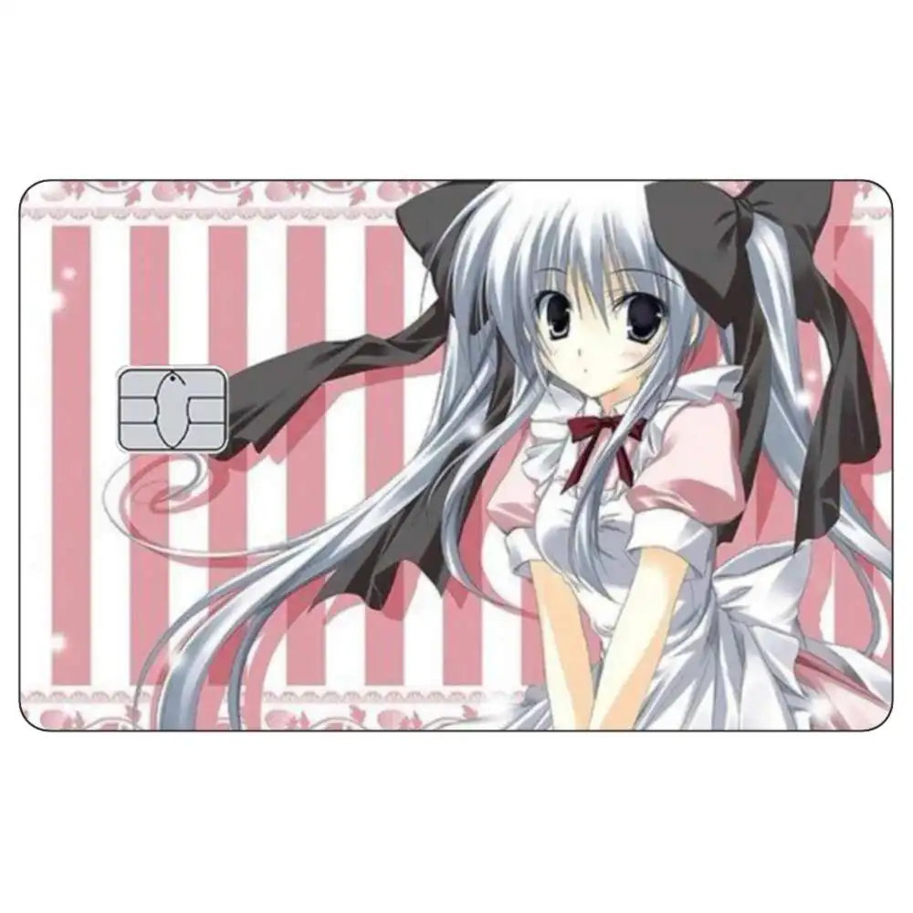 Anime girl with long silver hair and black ribbon against a pink striped background.