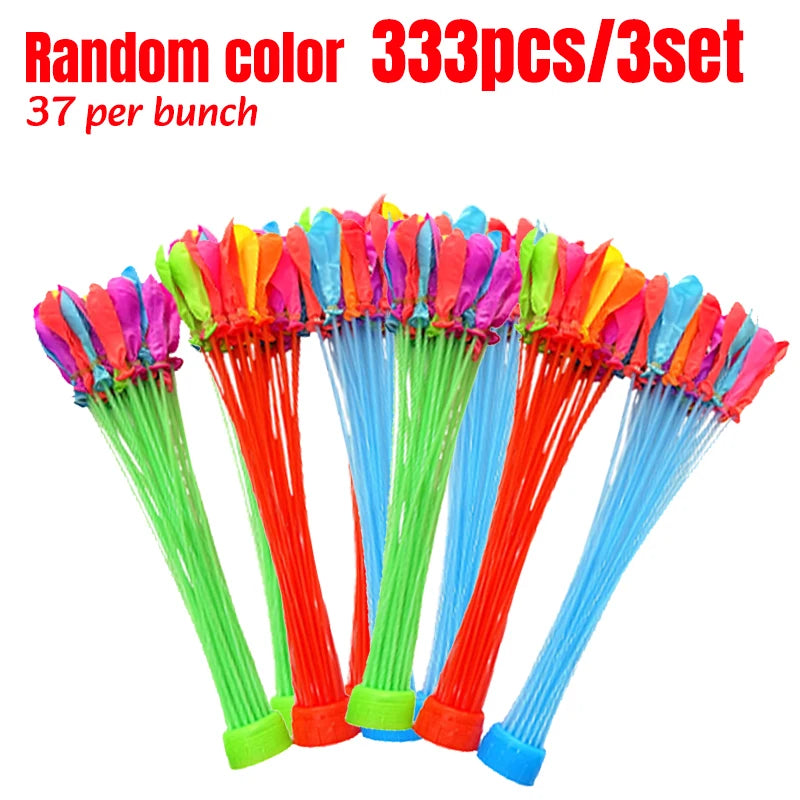 A bundle of 333 self-sealing water balloons in various bright colors like pink, red, blue, and green.