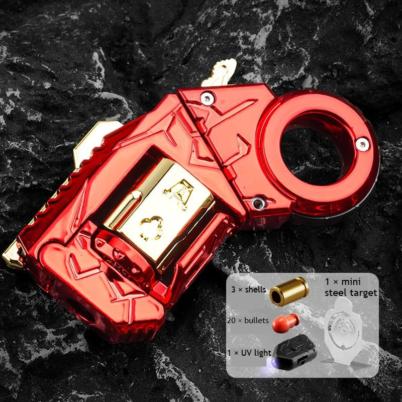 A red alloy fidget toy gun with a spinner and shell ejection mechanism displayed on a dark surface.