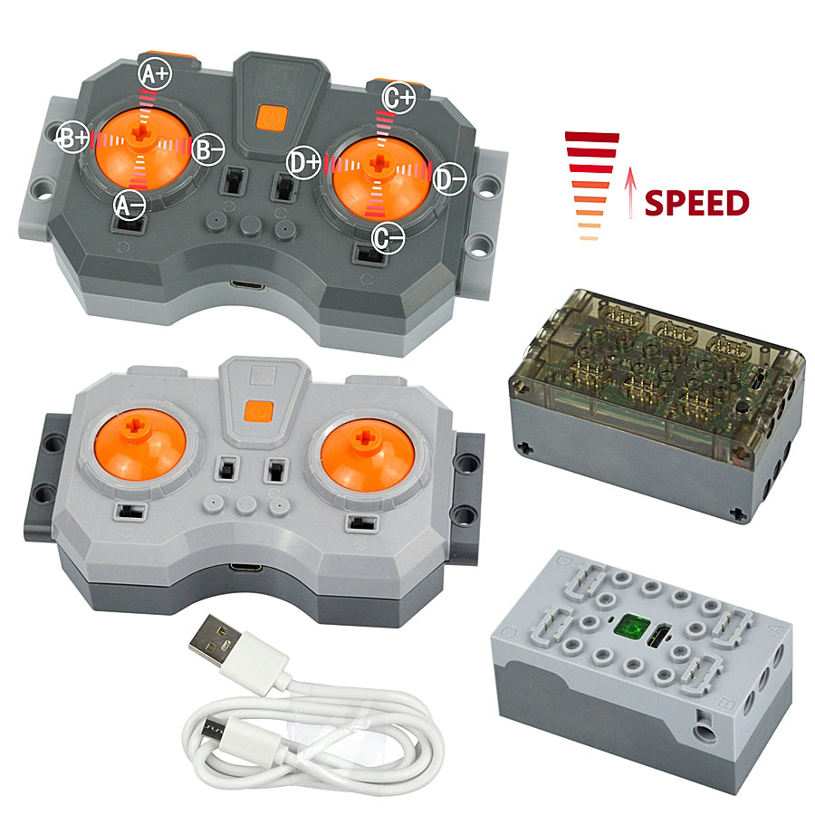 A set of power functions motors and servos for building blocks, including various components and a power supply.