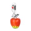A silver fruit charm featuring a red apple with a green stem and a heart pendant.