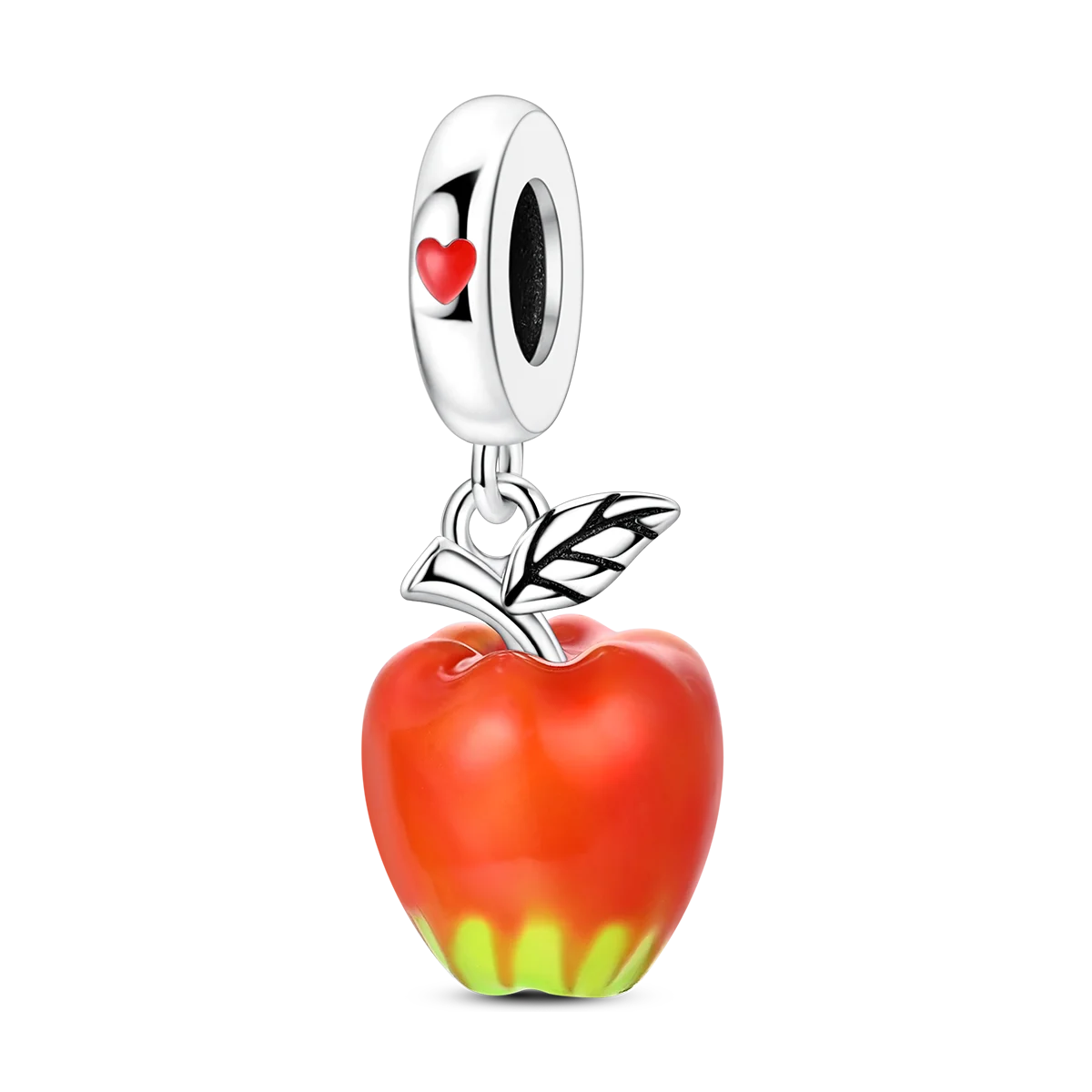 A silver fruit charm featuring a red apple with a green stem and a heart pendant.