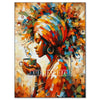 A vibrant painting of an African woman with flowing hair and warm tones, depicting a red wine portrait.