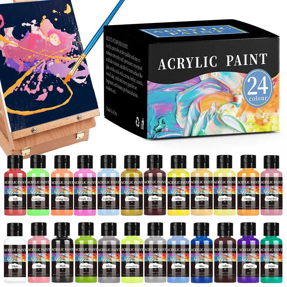 A collection of acrylic paint bottles and a palette showing various colors for leather repair paint.
