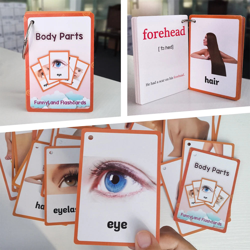 A collection of orange and white flashcards featuring body parts like forehead, hair, and eye, used for themed learning.