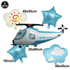 A silver foil balloon airplane model with a police theme and a white foil balloon cloud decoration.