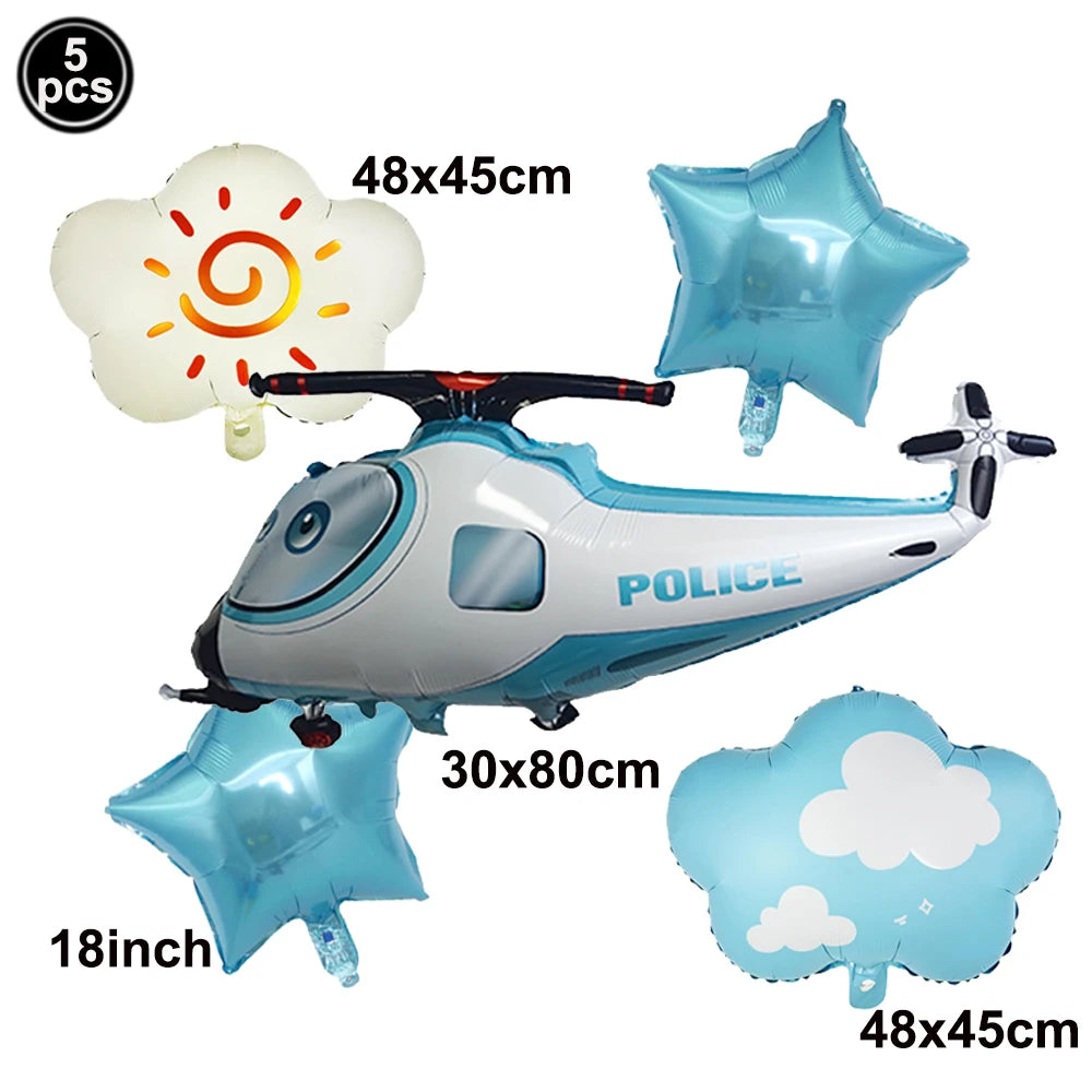 A silver foil balloon airplane model with a police theme and a white foil balloon cloud decoration.