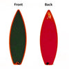 Front and back views of a red mini finger surfboard skater toy for stress relief and trick fun