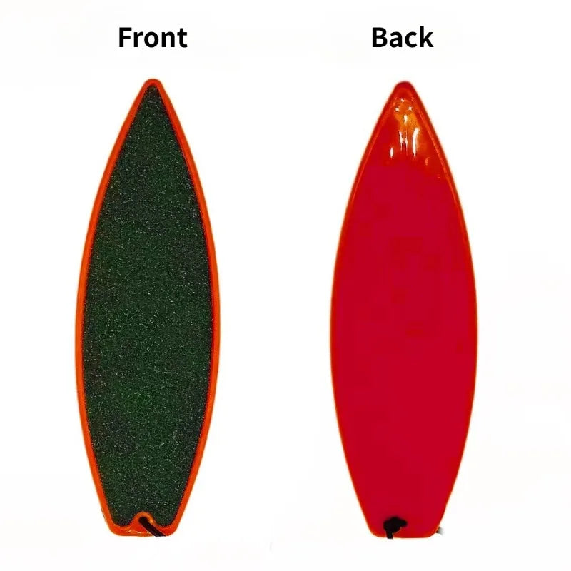 Front and back views of a red mini finger surfboard skater toy for stress relief and trick fun