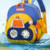 A yellow and blue cartoon digger truck backpack is shown floating on water, demonstrating its waterproof features.