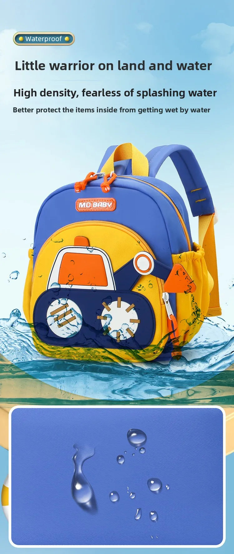 A yellow and blue cartoon digger truck backpack is shown floating on water, demonstrating its waterproof features.