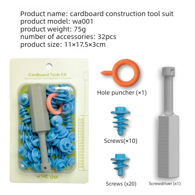A cardboard construction tool kit showing various tools including a hole puncher, screws, and a screwdriver.