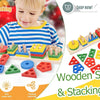 A toddler plays with a wooden sorting and stacking toy set featuring various colored blocks and shapes.