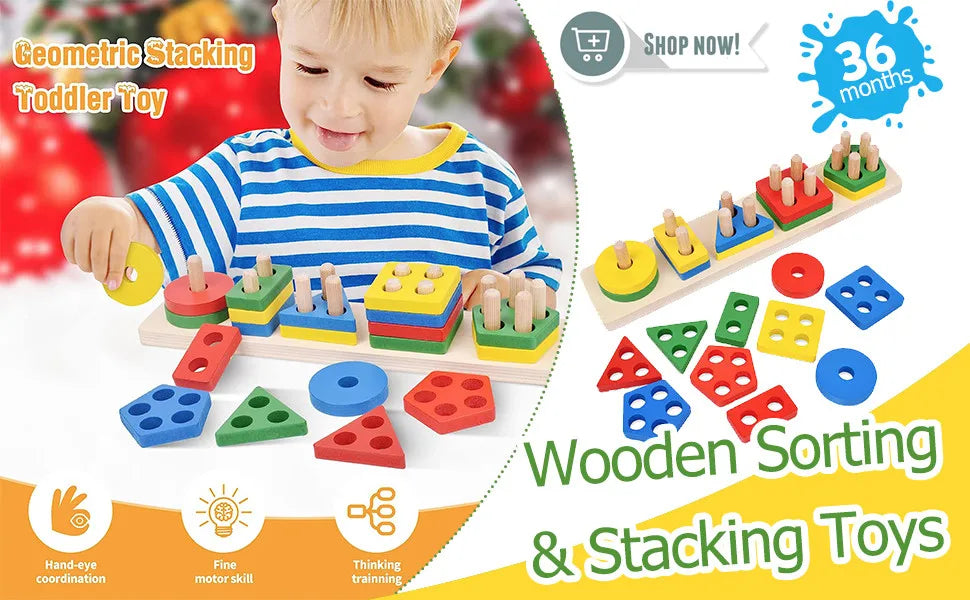 A toddler plays with a wooden sorting and stacking toy set featuring various colored blocks and shapes.