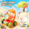 A pink rabbit light cart toy featuring a bubble machine and stable wheels with accessories.