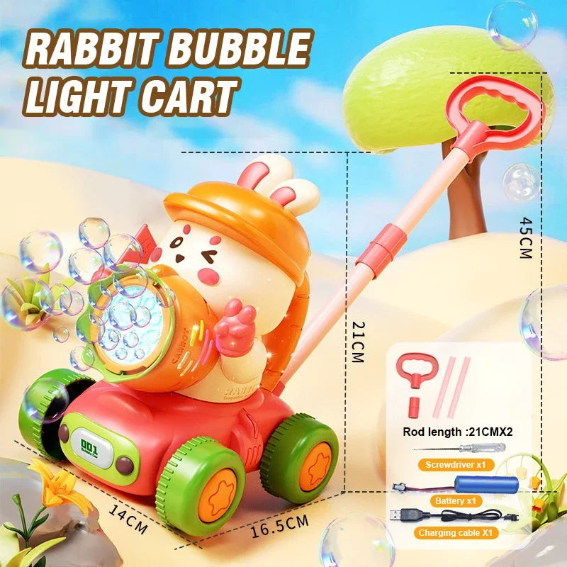 A pink rabbit light cart toy featuring a bubble machine and stable wheels with accessories.