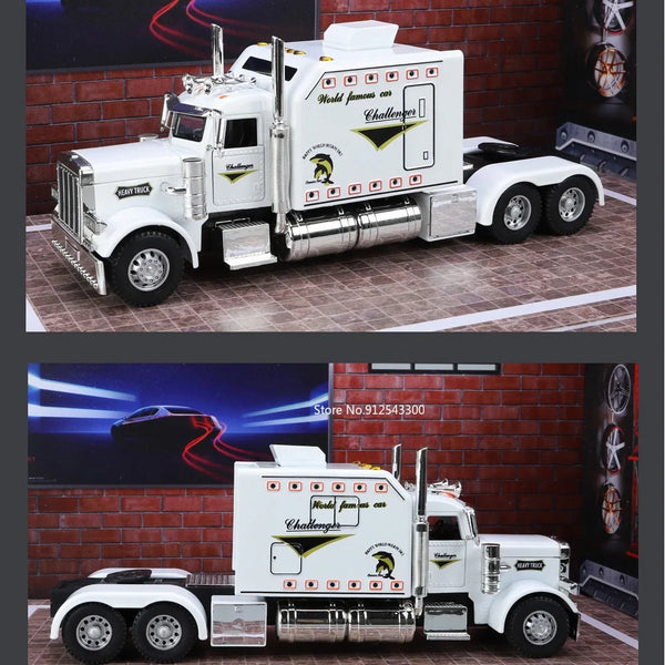 A realistic die-cast Peterbilt 389 truck model in white with sound and light features displayed on a brick background.