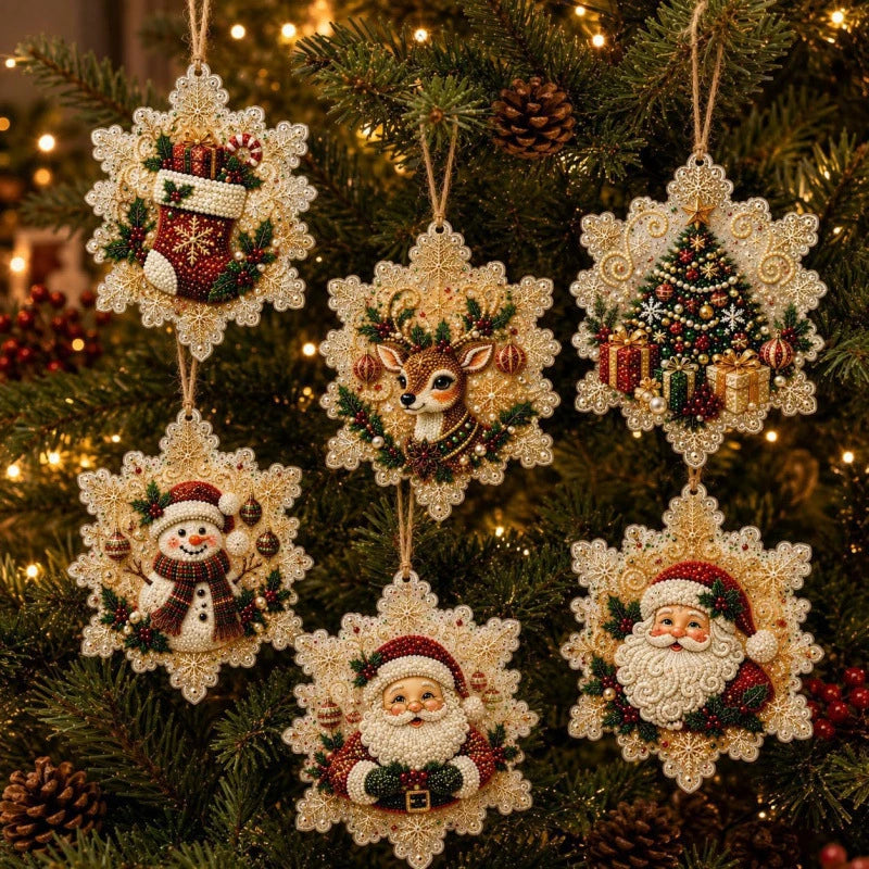 Handmade Christmas diamond painting ornaments featuring Santa, reindeer, and festive holiday scenes on a green pine branch.