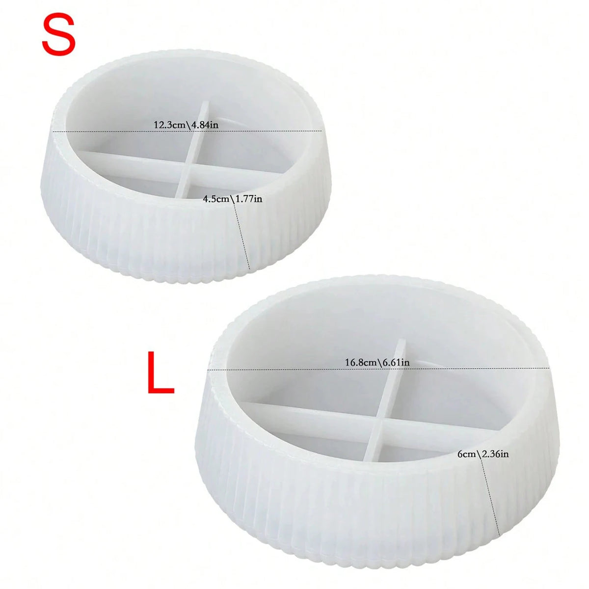 White silicone mold with a cross-shaped divider, labeled S and L sizes.