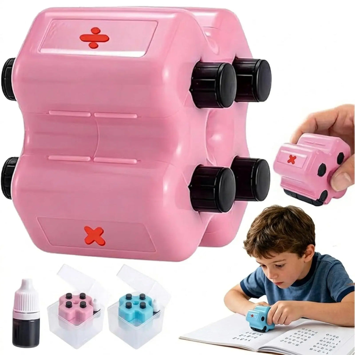 A pink 4-in-1 math roller stamp set with multiple rollers and a child using the stamps on a book.