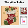 A Christmas stocking painting kit featuring red and green fabric with pearl and diamond embellishments.