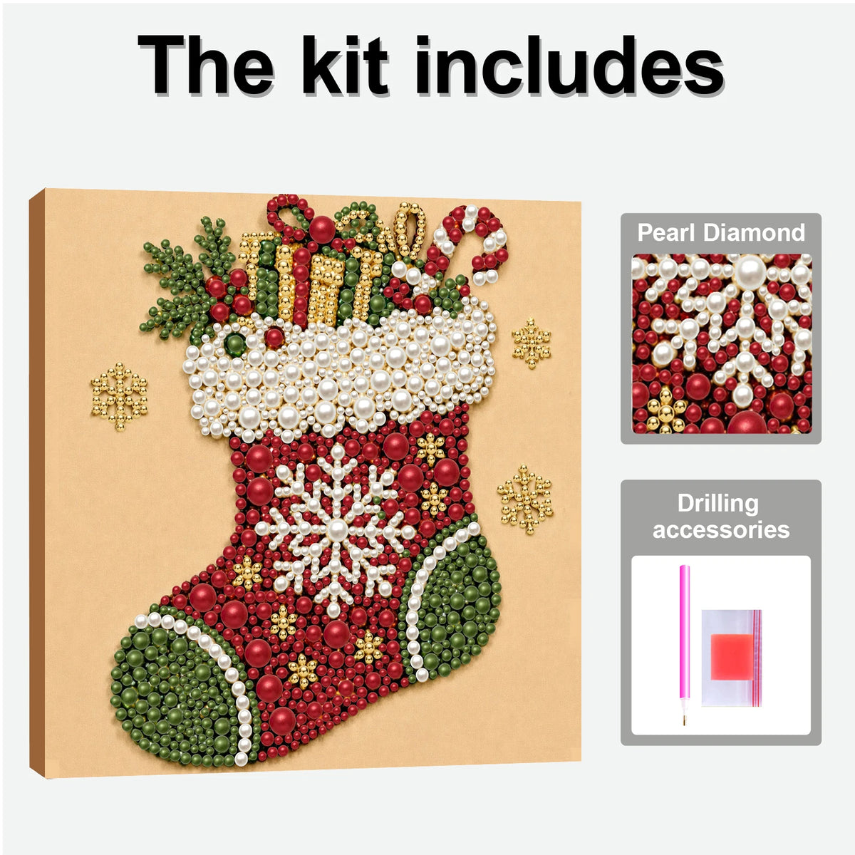 A Christmas stocking painting kit featuring red and green fabric with pearl and diamond embellishments.