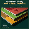 Four-sided sealing with uniform thickness showing stacked notebooks in red, green, and yellow.