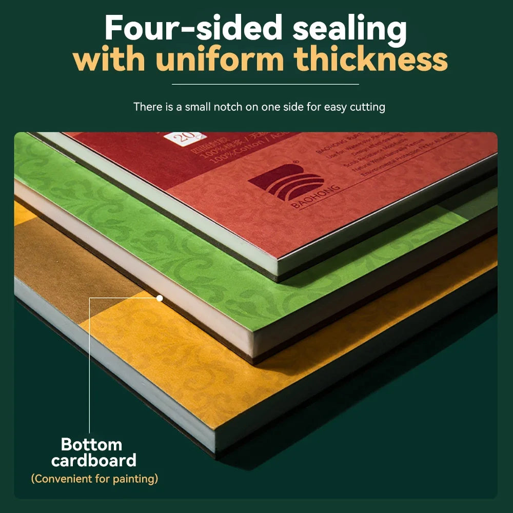 Four-sided sealing with uniform thickness showing stacked notebooks in red, green, and yellow.